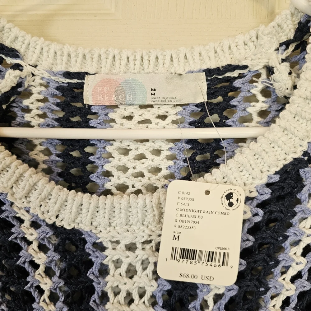 Free People Beach Crochet Striped Dayton Sweater Midnight Rain Combo